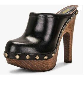 FSJ Black Round Toe Mules Wooden Block High Heel Clogs Slip On Studded Sandals